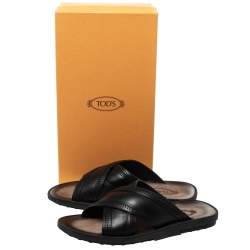 Tod's Black Leather Cross Strap Flat Sandals Size 41.5