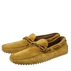Pre Owned Tod's Yellow Suede Leather Bow Slip On Loafers Size 45