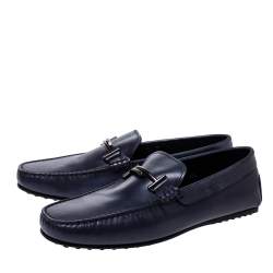 Pre Owned Tod's Blue Leather Double T Slip On Loafers Size 45