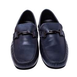 Pre Owned Tod's Blue Leather Double T Slip On Loafers Size 45