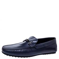 Pre Owned Tod's Blue Leather Double T Slip On Loafers Size 45