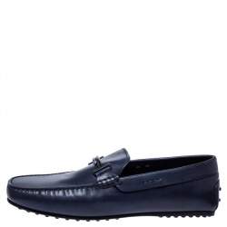 Pre Owned Tod's Blue Leather Double T Slip On Loafers Size 45