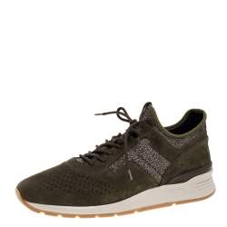 Pre Owned حذاء رياضي تودز منخفض من أعلى قماش وجلد سويدي أخضر مقاس 44.5