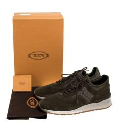 Pre Owned حذاء رياضي تودز منخفض من أعلى قماش وجلد سويدي أخضر مقاس 44.5