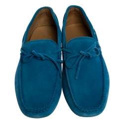 مملوكة مسبقًا Tod's Blue Suede Leather Bow Slip On Loafers Size 41.5