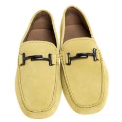 Pre Owned Tod's Yellow Suede Leather Double T Slip On Loafers Size 44.5 