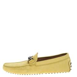 Pre Owned Tod's Yellow Suede Leather Double T Slip On Loafers Size 44.5 
