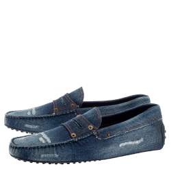 مملوكة مسبقًا Tod's Blue Denim Fabric Gommino Penny Slip On Loafers Size 45.5