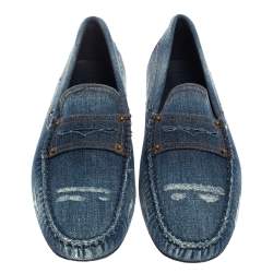 Pre Owned Tod's Blue Denim Fabric Gommino Penny Slip On Loafers Size 42