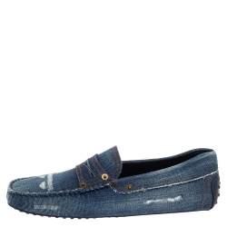 Pre Owned Tod's Blue Denim Fabric Gommino Penny Slip On Loafers Size 42