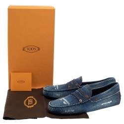 Pre Owned Tod's Blue Denim Fabric Gommino Penny Slip On Loafers Size 42