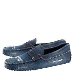 Pre Owned Tod's Blue Denim Fabric Gommino Penny Slip On Loafers Size 42