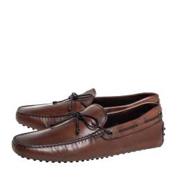 Pre Owned Tod's Brown Leather Braided Bow Slip On Loafers Size 45.5
