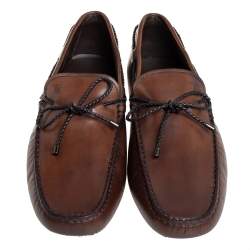 Pre Owned Tod's Brown Leather Braided Bow Slip On Loafers Size 45.5