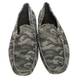 Pre Owned Tod's Green Camouflage Canvas and Leather Gommino Slip On Loafers Size 45.5