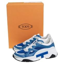 مملوكة مسبقًا Tod's Blue/White Mesh and Leather Chunky Platform Sneakers Size 44.5