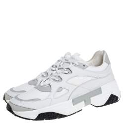 مملوكة مسبقًا Tod's White/Grey Leather and Mesh Lace Up Sneakers Size 45.5