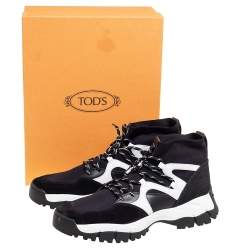 Pre Owned Tod's Black/White Leather, Suede and Knit Fabric High-Top Sneakers Size 45