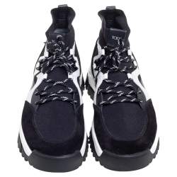 Pre Owned Tod's Black/White Leather, Suede and Knit Fabric High-Top Sneakers Size 45