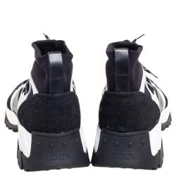 Pre Owned Tod's Black/White Leather, Suede and Knit Fabric High-Top Sneakers Size 45