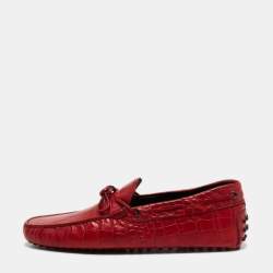 Pre Owned Tod's Red Croc Embossed Leather Penny Slip On Loafers Size 42