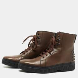 Pre Owned Tod's Brown Leather Lace Up Combat Boots Size 44