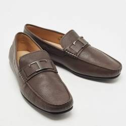 Pre Owned Tod's Brown Leather T Logo Slip On Loafers Size 44.5