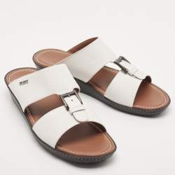 Tod's White Lizard Embossed Leather Buckle Detail Slide Sandals Size 44