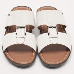 Tod's White Lizard Embossed Leather Buckle Detail Slide Sandals Size 44