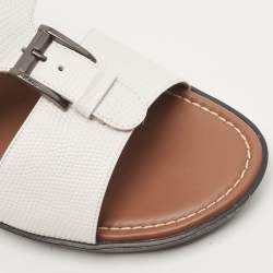 Tod's White Lizard Embossed Leather Buckle Detail Slide Sandals Size 44