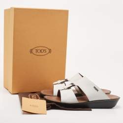 Tod's White Lizard Embossed Leather Buckle Detail Slide Sandals Size 44