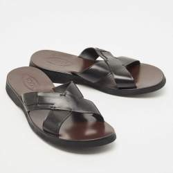 Tod's Black Leather Crossed Strap Slider Sandals Size 45.5