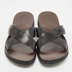 Tod's Black Leather Crossed Strap Slider Sandals Size 45.5