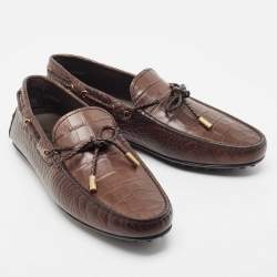 Pre Owned Tod's Brown Croc Embossed Leather Bow Slip On Loafers Size 44