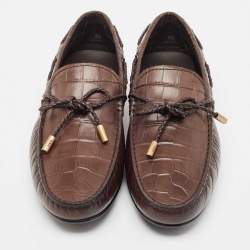 Pre Owned Tod's Brown Croc Embossed Leather Bow Slip On Loafers Size 44