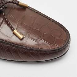 Pre Owned Tod's Brown Croc Embossed Leather Bow Slip On Loafers Size 44