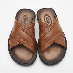 Tod's Brown Leather Cross Strap Flat Sandals Size 40