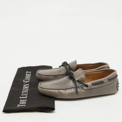 Tod's Light Grey Leather Bow Slip On Driver Loafers Size 38.5