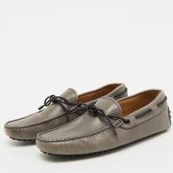 Tod's Light Grey Leather Bow Slip On Driver Loafers Size 38.5
