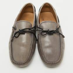 Tod's Light Grey Leather Bow Slip On Driver Loafers Size 38.5