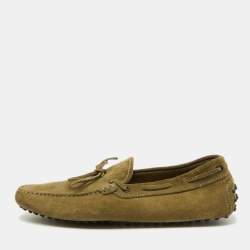 Tod's Light Olive Green Suede Bow Slip On Driver Loafers Size 44