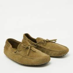 Tod's Light Olive Green Suede Bow Slip On Driver Loafers Size 44