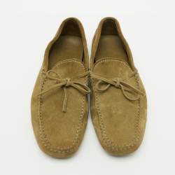 Tod's Light Olive Green Suede Bow Slip On Driver Loafers Size 44