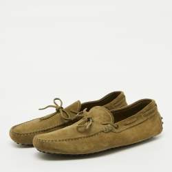 Tod's Light Olive Green Suede Bow Slip On Driver Loafers Size 44