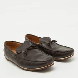 Tod's Dark Brown Leather Bow Slip On Loafers Size 44.5