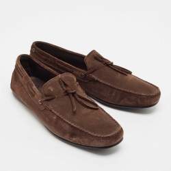 Pre Owned Tod's Dark Brown Suede Bow Slip On Loafers Size 44.5
