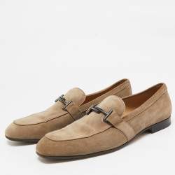 Pre Owned Tod's Beige Suede Double T Slip On Loafers Size 44.5