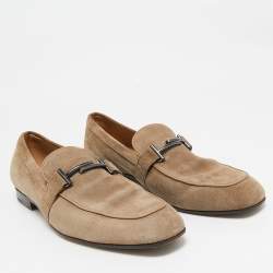 Pre Owned Tod's Beige Suede Double T Slip On Loafers Size 44.5