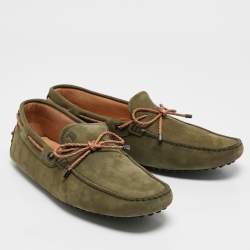 Tod's Green/Brown Nubuck and Leather Bow Slip On Loafers Size 41