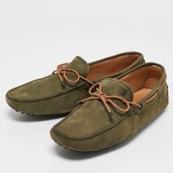 Tod's Green/Brown Nubuck and Leather Bow Slip On Loafers Size 41